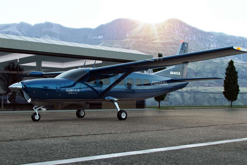 Rendering of the Surf Air Mobility electrified Cessna Grand Caravan aircraft planned for availability in 2024.