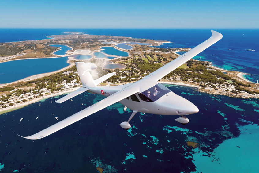 The Smartflyer electric passenger plane flying over Rottnest Island in Western Australia.