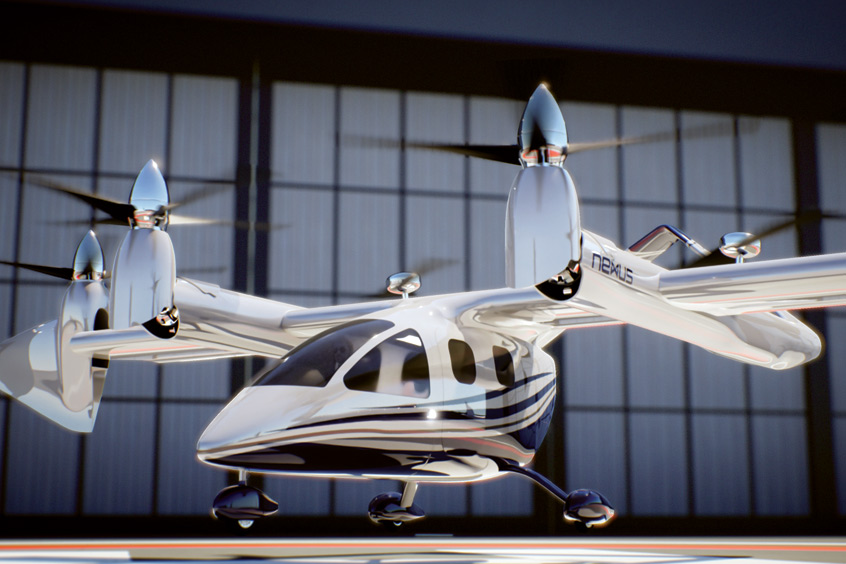 Nexus is powered by a distributed electric propulsion system and features four tilting propellers and two aft stationary vertical rotors.