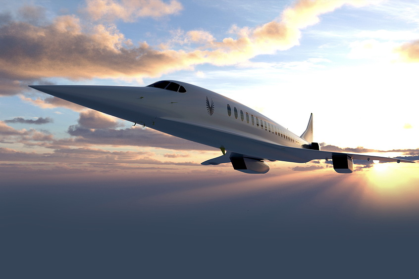 A rendering of Boom’s Overture supersonic airliner, which will roll out in 2025 and fly to more than 500 transoceanic routes in half the time.