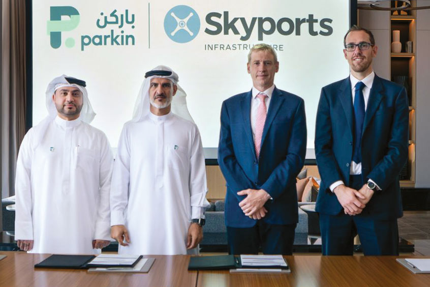 Ahmed Bahrozyan, chairman of Parkin and CEO of The Public Transport Authority at Dubai’s Roads and Transport Authority, and Parkin CEO Eng Mohamed Abdulla Al Ali, with Skyports CEO Duncan Walker and CFO Stephen Silvester.