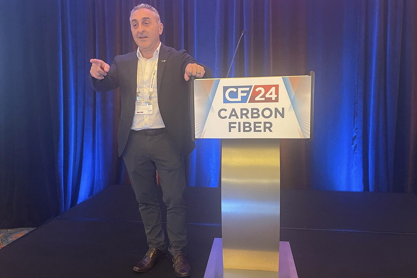 Pictured Imad Atallah (Vice President of Product Management - Fibers, Reinforcements, and Matrix at Hexcel), addresses the audience during the Carbon Fiber 2024 Conference in Charleston, SC on Oct 10, 2024.