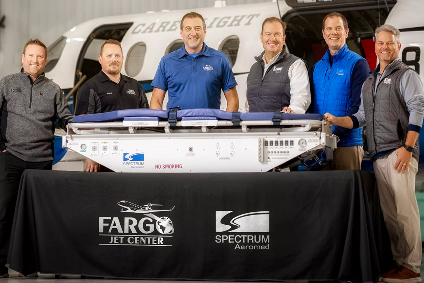 Fargo VP of business development Darren Hall, Fargo maintenance technician lead Nate Berg, assistant maintenance manager Scott Reiland, Spectrum Aeromed ops VP Jeff Edberg, president Chase McCown and account executive Matthew Christenson.