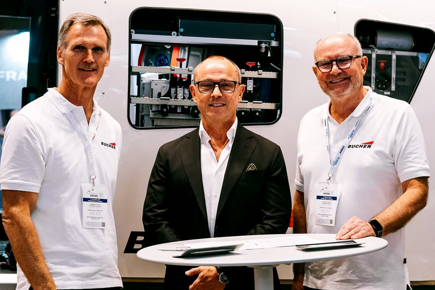 Rolf Kraus, Bucher Leichtbau director of sales MIC with Savback CEO and founder Michael Savback and Ralph Setz, senior representative Bucher Leichtbau.