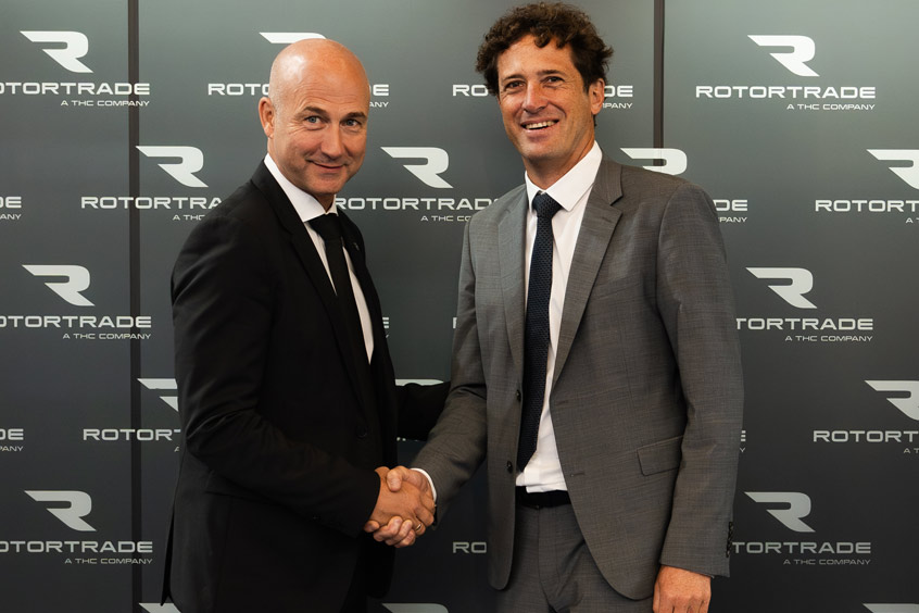 Philippe Lubrano, founder and CEO of Rotortrade, with Safran Helicopter Engines EVP support and services Mathieu Albert.