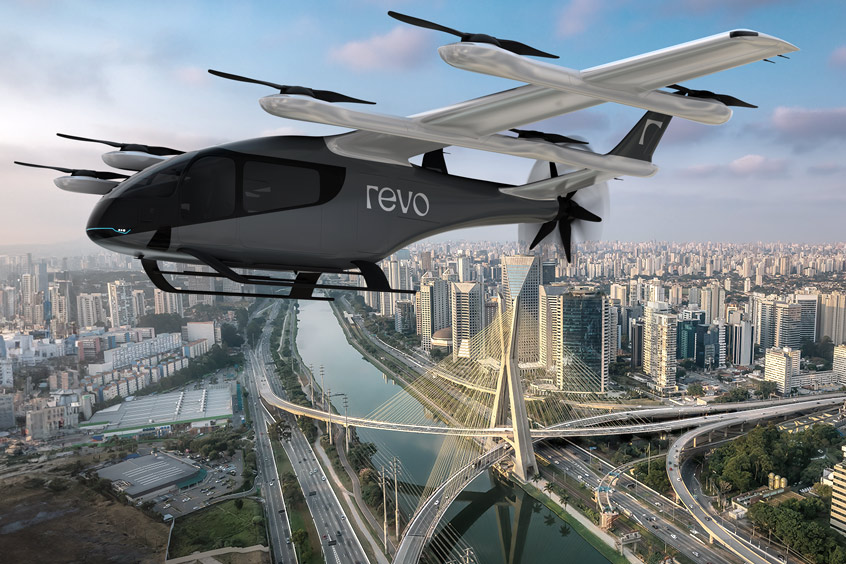 A render of Revo eVTOL operations with Eve’s aircraft, which will be enabled through urban ATM simulations.