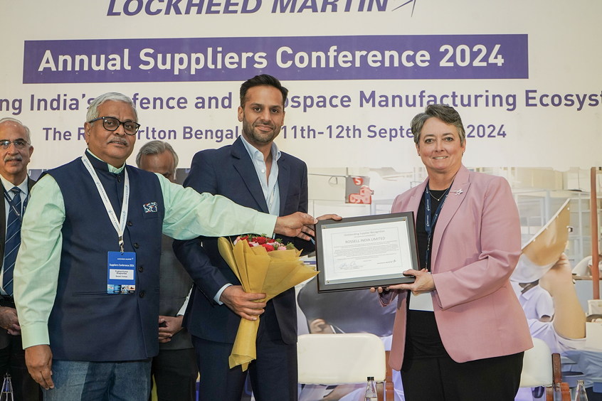 From left to right: Prabhat Bhagvandas, CEO – Rossell Techsys Inc., Rishab Gupta, Managing Director – Rossell Techsys Ltd., Abby Lilly, VP - Global Supply Chain – Lockheed Martin Rossell Techsys-LM Award.