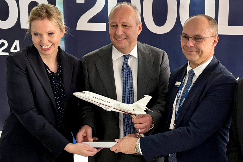 Svenja Wortmann, managing director of DC Aviation Group; Khader Mattar, founder of IC Leasing; and Carlos Brana, EVP for civil aircraft at Dassault Aviation.