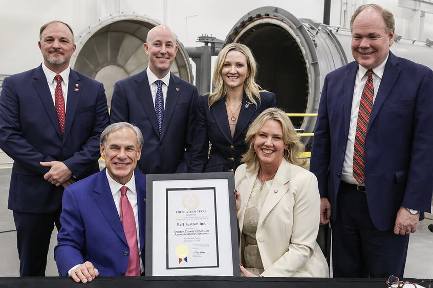 Mark Foust (Northwest ISD Superintendent), Robert Allen (President of the Fort Worth EDP), Mattie Parker (Fort Worth Mayor), Andy Eads (Denton County Judge), Greg Abbott (Texas Governor), and Lisa Atherton (President and CEO, Bell). 