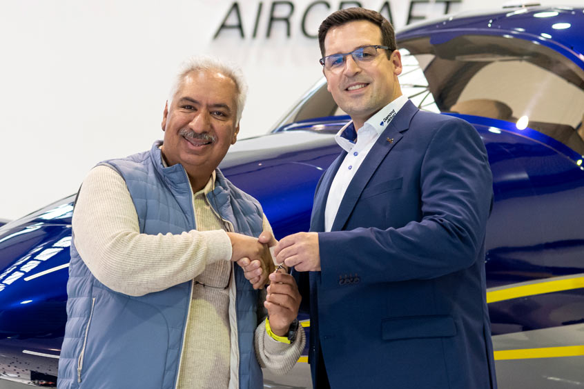 Dr Khalid Khalil Al Tamimi and Diamond Aircraft sales manager Christian Schmid at the DA62 handover.