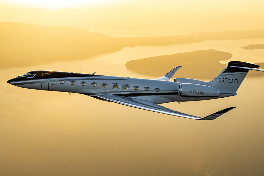 The Gulfstream G700 business jet in flight, with a top speed of Mach 0.925.